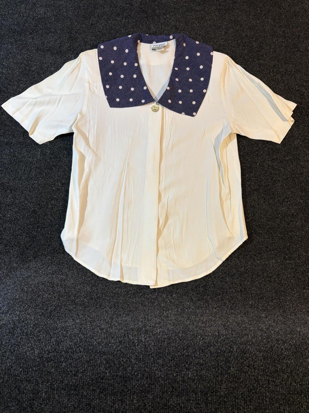 Vintage Maren Blouse Womens L White Navy Polka Dot Collar Short Sleeve USA